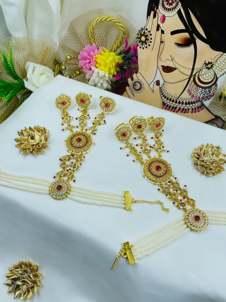 [195] Moti kundan three finger haathfool