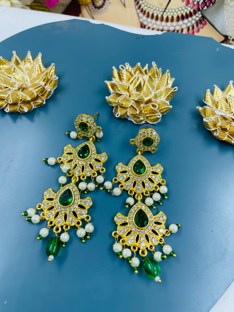 Green Stone and Pearl Tiered Drop Earrings 