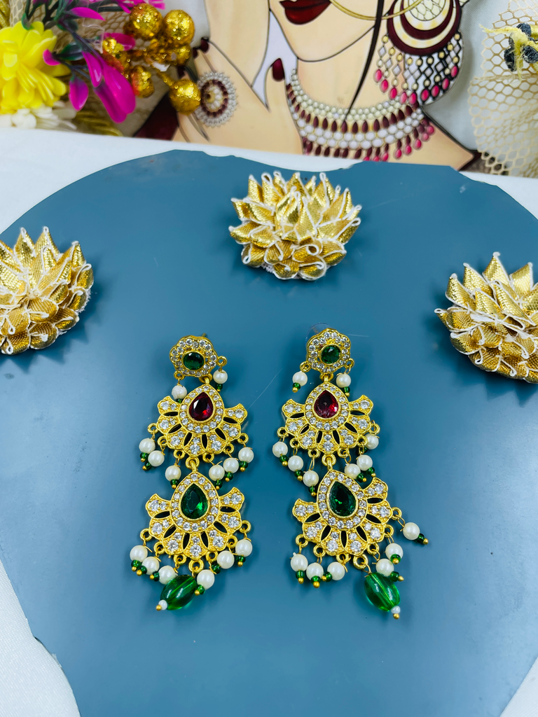 Multy Stone and Pearl Tiered Drop Earrings 