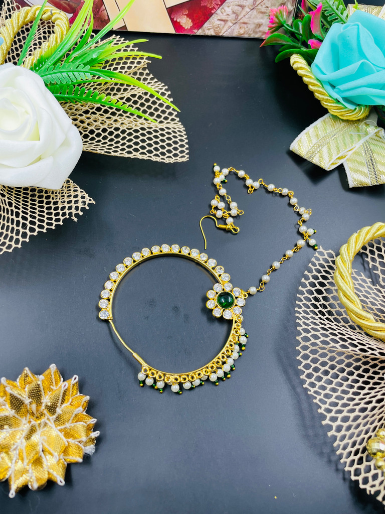 Big Diamond Bridal Look Green Colour Rajputi Nath 