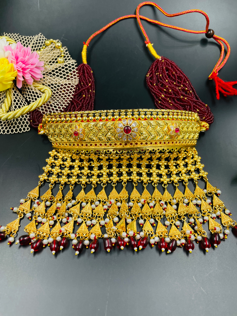 [374] Antique Gold Mesh Necklace with Drops