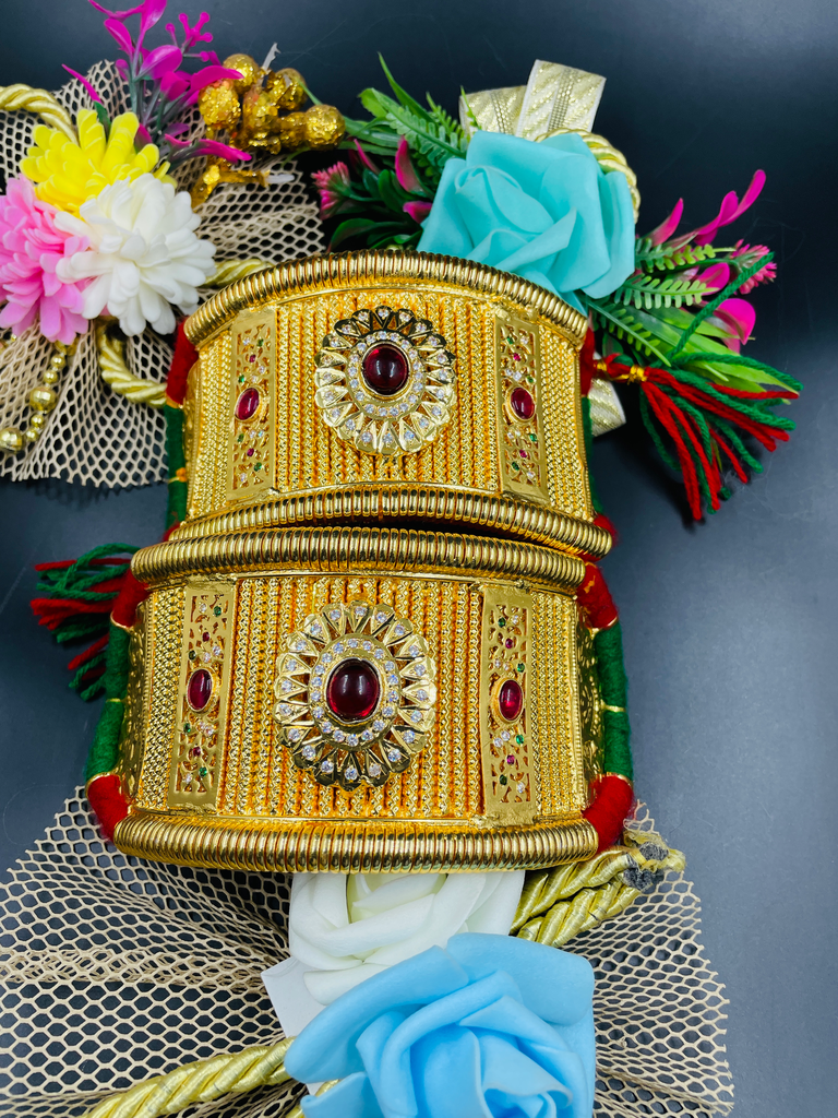 [1250] Oval  Design With Handwork Border Red Stone Micropolish Bajuband