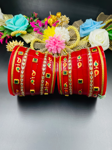 [340] Gold Design Patti Work With Kundan Work Oil Paint Red Chuda 