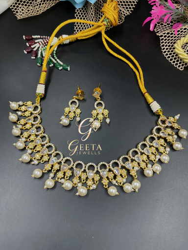 [350] Nikhar American Diamond Necklace set white colour 