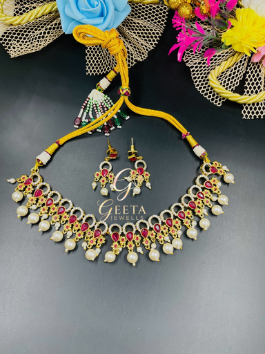 Nikhar American Diamond Necklace Set Red color 